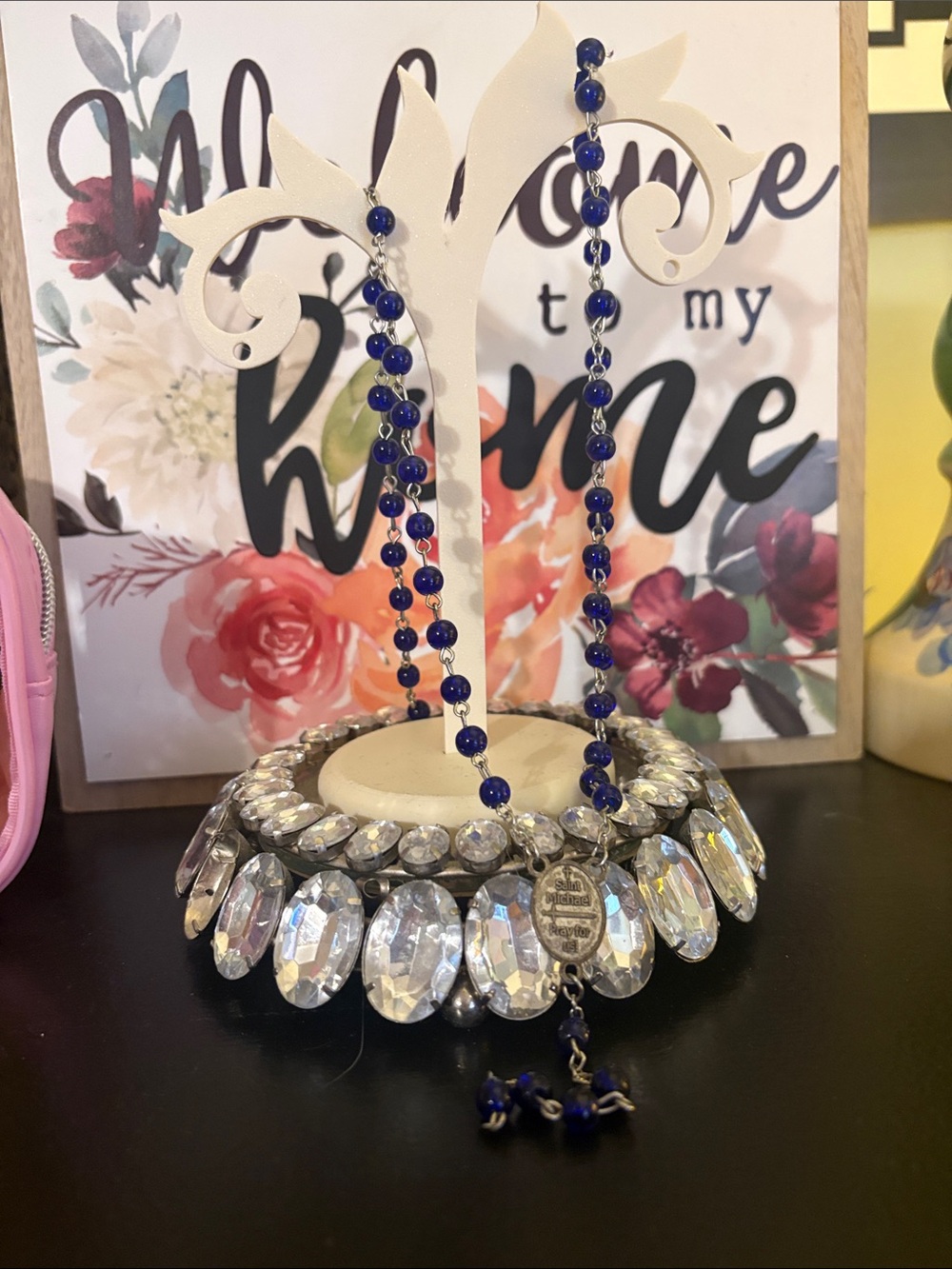 2/22$♥️Blue Beaded Rosary-Style Necklace with Crystal Pendant